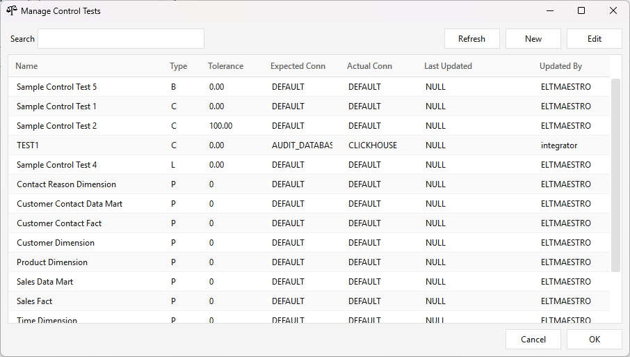 Manage Control Tests window listing tests with type, tolerance and the connections each side runs against