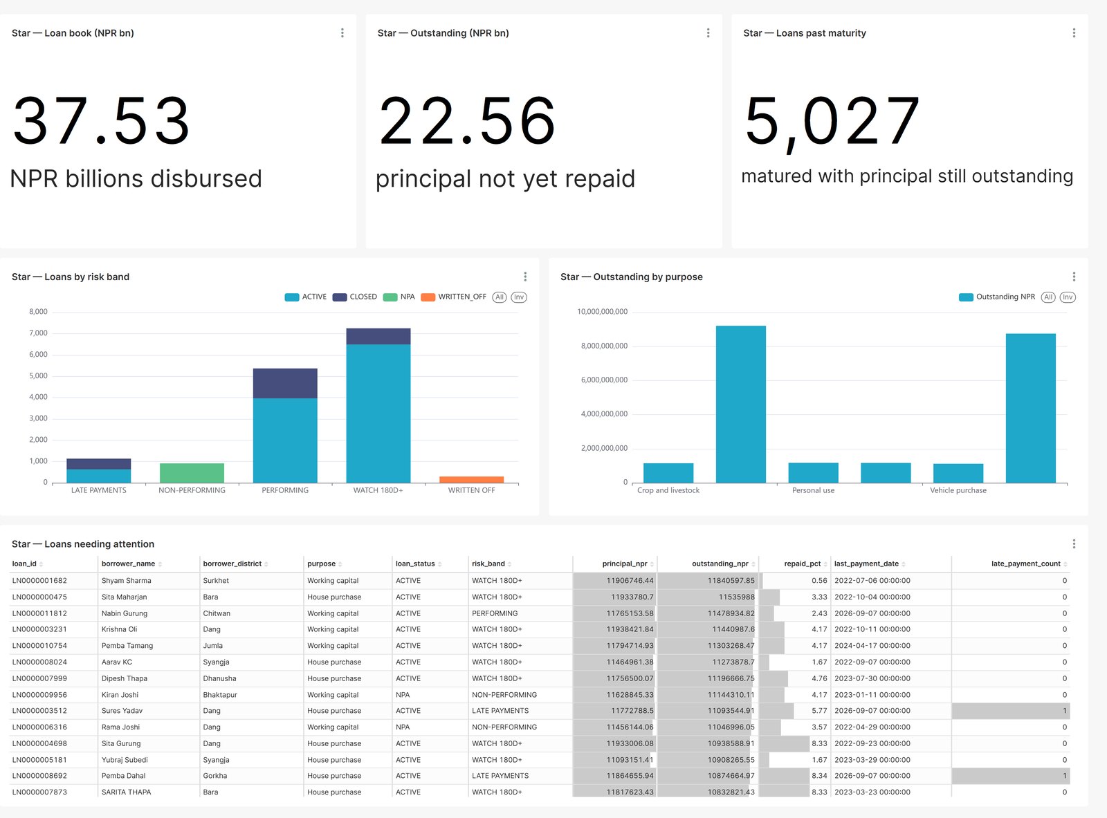 Loan 360 dashboard: loan book and outstanding principal, loans past maturity, loans by risk band, outstanding by purpose and the loans needing attention