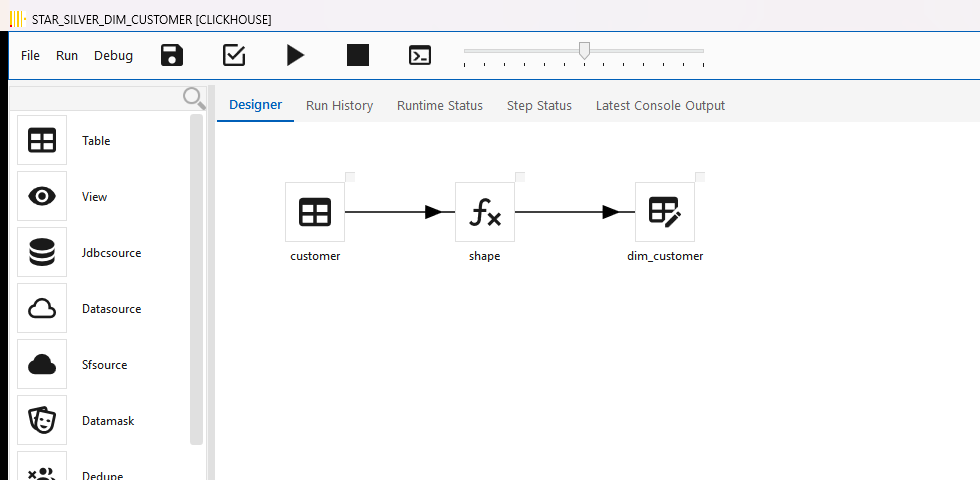 Designer canvas of a Slowly Changing Dimension type 2 job: a source table, a shaping step and the SCD2 dimension step
