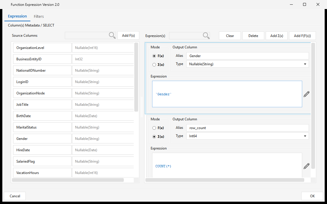 Function expression dialog: source columns with their data types on the left, output columns with expressions and aggregate mode on the right