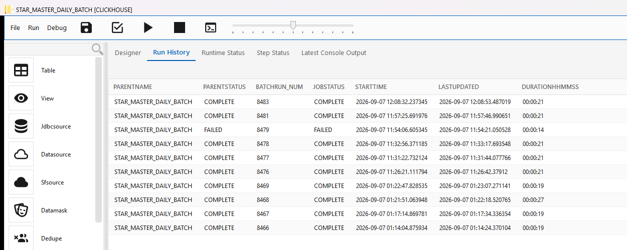 Run History tab listing batch runs with status, run number, start and end times and duration, including one failed run